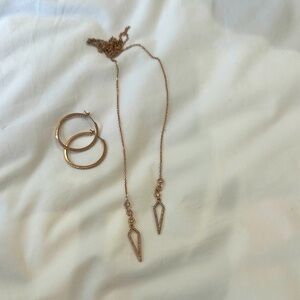 C+I Designer Rose Gold & Rhinestone Jewelry Set Hoop Earrings & Lariat Necklace